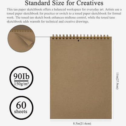 Fuxi Toned Tan Sketchbook 8.5x11, 60 Sheets Acid- Free Tan Paper, Spiral Bound Sketch Book, Hardcover | Ideal for Artists, Students & Classrooms. - color: Toned Tan, size: 11" x 8.5" (Pack of 1)