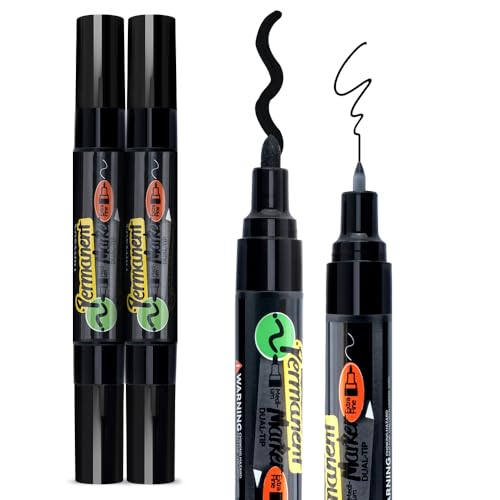 TRANSON 2 Black Bold Tip and Extra Fine Tip Paint Markers Waterproof Oil Paint pen - color: 2 Black