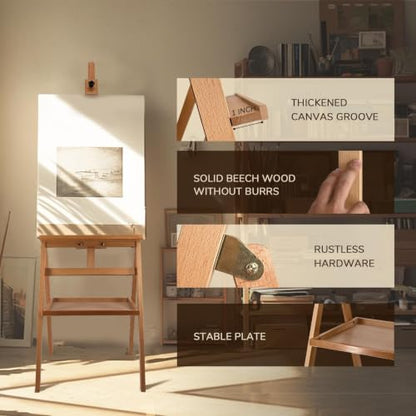 Large Solid Beech Wood Painting Easel H-Frame with Storage Plate - color: Nature Light