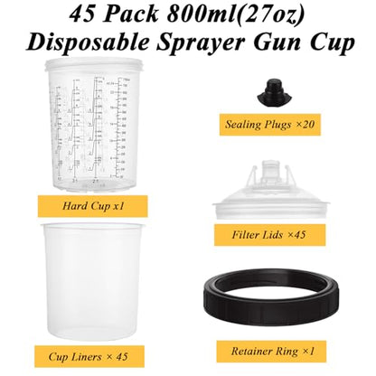 45 Pack Disposable Paint Sprayer Gun Cup Liners and Lid System for Spray Gun, Paint Cups 27 Ounce (800ml) Kit with 45 Mixing Cup Liners, 45 Lids, 20 Plugs, 1 Hard Cup with Retainer Ring