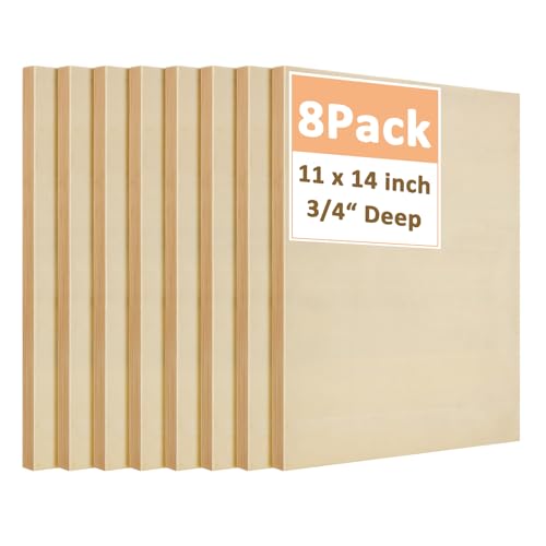 8 Pack Wood Canvas 11 x 14 inch Unfinished Wooden Panels Board Cradled Wood Panels for Painting, Arts, Pouring Use with Oils, Acrylics