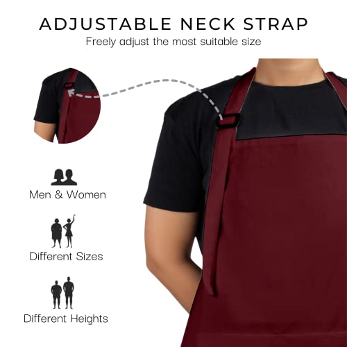 RAJRANG 100% Cotton Cooking Apron with 3 Pockets Kitchen Chef BBQ Adjustable Bib Aprons for Women Men - color: Tawny Port Maroon