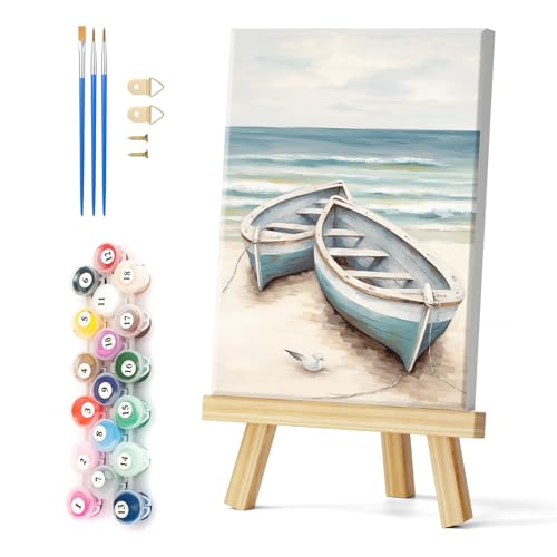 Natuyalo Paint by Numbers Kit with Framed - Boat on Beach Paint by Numbers for Adults Beginner Seascape DIY Acrylic Painting by Numbers Kit Colorful Paintworks Artwork, 12x16 Inch - color: Color-05