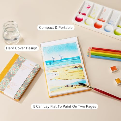 Arrtx Watercolor Journal, 5.35x3.86 Hot Press | 140LB/300GSM, 100% Cotton, Hardcover, 20 Sheets. Ideal Travel Notebook for Artists, Adults, and Students - size: 5.35x3.86''