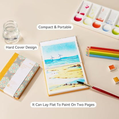 Arrtx Watercolor Journal, 5.35x3.86 Hot Press | 140LB/300GSM, 100% Cotton, Hardcover, 20 Sheets. Ideal Travel Notebook for Artists, Adults, and Students - size: 5.35x3.86''