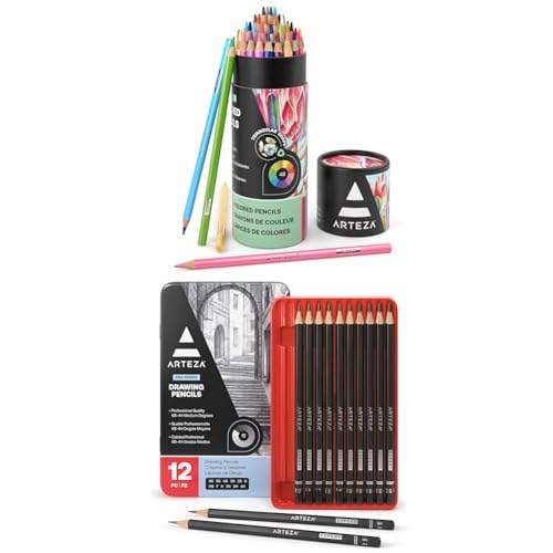 ARTEZA Colored Pencils for Adult Coloring, 48 Colors and Professional Drawing Sketch Pencils Set of 12 Medium (6B - 4H)