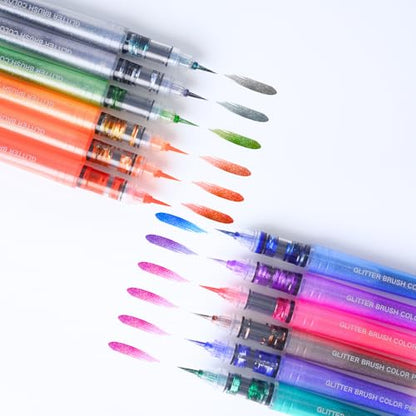 ROSYMENG 12 Colors Glitter Paint Pens, Extra Fine 0.05mm Metallic Brush Pen | Water‑Based, Smooth Ink Flow, Great for Adults DIY Crafts, Greeting Cards, Journaling, Drawing, Scrapbooks -Style A - color: 12 Colors (Style A)