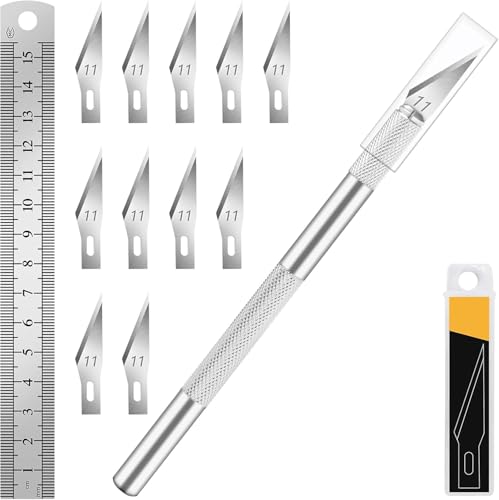 1 Pcs Craft Knife Hobby Knife with 11 Pcs Stainless Steel Blades Kit, 1pcs Steel 15MM Ruler for Art, Scrapbooking,Stencil | Precision Hobby Knife with Exacto Knife Blades, Hobby Knife Set for Art, Scrapbooking & Stencils, Silver - color: Silver