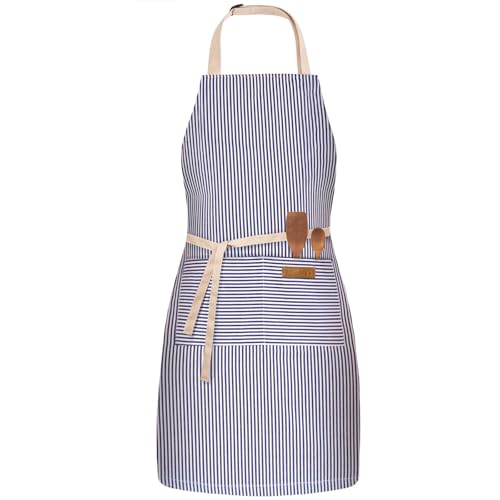 BeLuyi Adjustable Bib Apron with 2 Pockets Chef Cooking Kitchen Restaurant Aprons for Women Men - color: Blue Pinstripes