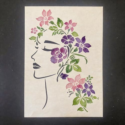 TIAMECH A4 Reusable Floral Woman Face Stencil for Painting | Elegant Lady Profile Layering Template, DIY Wall Art, Wood Furniture, Scrapbook & Crafts (8.3x11.7inch) - style: Floral Woman Face