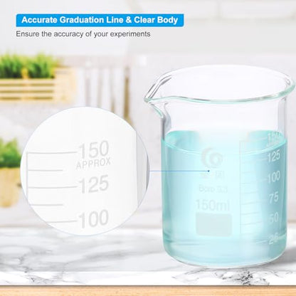 PATIKIL 150ml Low Form Glass Beaker, 6Pcs 3.3 Borosilicate Glass Beakers Graduated Measuring Cup with Spout for Lab Experiment, Cooking and Baking, Clear - size: 150ml