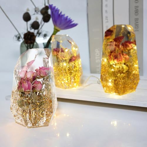 Large Gem Stone Resin Mold, Epoxy Resin Casting Craft Mold for Flower Preservation Bookends with 5 Fairy Light Without Battery