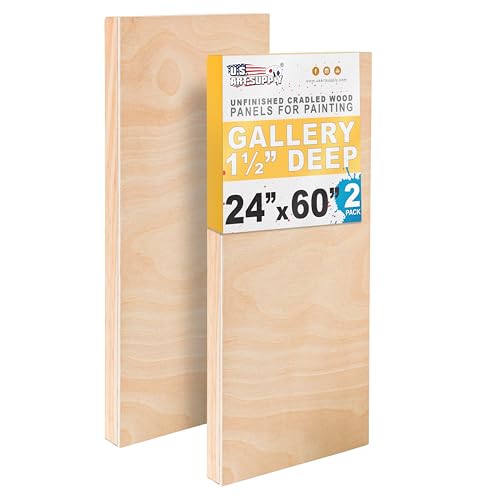 U.S. Art Supply 24" x 60" Unfinished Cradled Wood Panels for Painting, Gallery 1-1/2" Deep (2 Pack) - Artist Depth Wooden Wall Canvases - Mixed-Media Craft, Acrylic, Oil, Encaustic, Paint Pouring - size: 24" x 60"