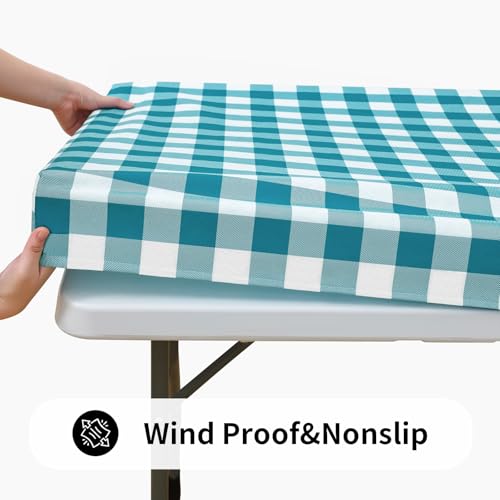 Smiry 4 Foot Picnic Table Cloth, Flannel Backed Fitted Vinyl tablecloths | Waterproof Elastic Rectangle Tablecloth ,Buffalo Plaid Table Covers for Dining, Camping (Turquoise and White, 24" x 48") - color: Turquoise and White, size: 48" x 24" (Rectangular)