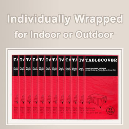 D&Z 12 Pack Red Disposable Plastic Tablecloth 54"x108" Table Cover - color: Red, size: 12 Pack 54"×108" Rectangle