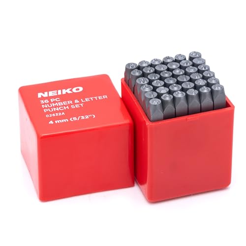 NEIKO 02632A Number and Letter Punch Set with Heat-Treated Steel Punches, Imprinting & Arts and Crafts, 5/32" (4 MM) Shaft, 36 Pc Stamp Set, Uppercase Letter & Number Punch Set (A-Z / 0-8 / "&") - size: 4mm - 5/32"