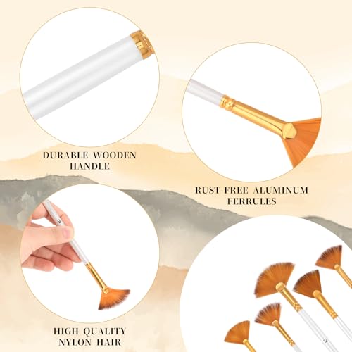 5 Pcs Fan Paint Brushes Set Acrylic Paint Brushes Set Professional Soft Anti-Shedding Nylon Hair Fan Paint Brush with Long Wood Handles for Acrylic Painting, Oil Watercolor Painting
