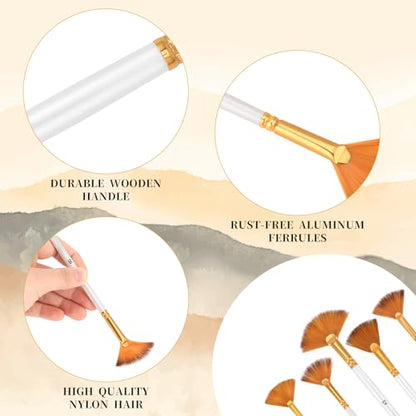 5 Pcs Fan Paint Brushes Set Acrylic Paint Brushes Set Professional Soft Anti-Shedding Nylon Hair Fan Paint Brush with Long Wood Handles for Acrylic Painting, Oil Watercolor Painting