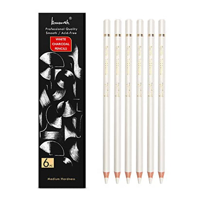 Brusarth White Charcoal Pencils Drawing Set, Professional 6-Piece Sketch, Highlight, Shading, Blending Set for Beginners & Artists - color: White
