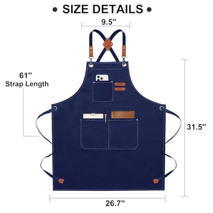ZOMAO Chef Apron for Women Men with Large Pockets, Cotton Canvas Cross Back Waterproof Work Aprons for Kitchen Cooking Bib - color: Blue