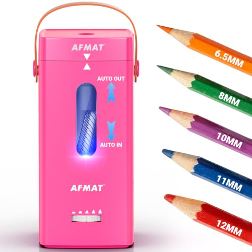 AFMAT Electric Pencil Sharpener, Fully Automatic Pencil Sharpener, Auto in & Out, Rechargeable Hands-Free Sharpeners for Jumbo & Colored Pencils (6.5-12mm), Portable for Home/Classroom/Office PSC6 - color: Rose Red