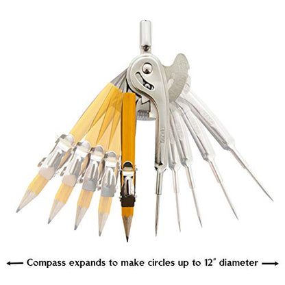 BAZIC Metal Ball Bearing Compass w/ #2 HB Wood Pencil, Nickel Plated Compass for Precision Geometry Math Drafting, Great for Student Designer Mathematician Carpenter Office & School, 1-Pack | #2 wood pencil that draws clean circles and arcs for geometry,