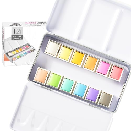 PHOENIX Pastel Watercolor Paint Set - 12 Half Pan Soft Muted Colors, Artist Grade Palette Watercolor Travel Set, Gift for Water Color Painter - color: Pastel