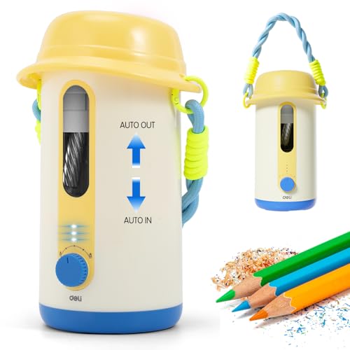 deli Electric Pencil Sharpener, Fully Automatic Pencil Sharpener, Yellow | for 6.9-10.8mm Colored/Jumbo Pencils, Auto in & Out,Rechargeable Hands-Free Sharpener for Home/Office, Low Noise - color: Yellow