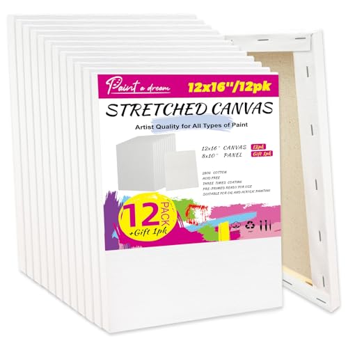 Stretched Canvas for Painting, 12Pack 12X16 Primed Canvas for Painting, 5/8" Profile Cotton Professional Artist Quality Blank Canvas, Ready to Paint, Art Supplies for Acrylic, Oil - size: 12PK 12x16