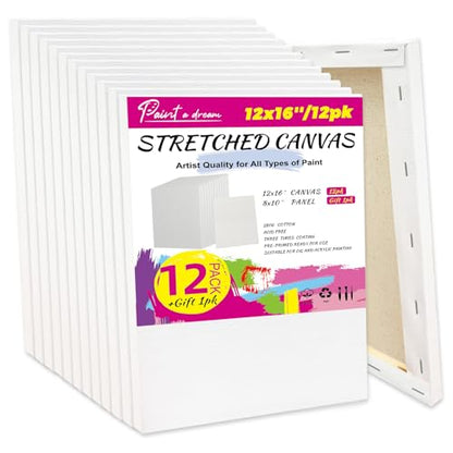 Stretched Canvas for Painting, 12Pack 12X16 Primed Canvas for Painting, 5/8" Profile Cotton Professional Artist Quality Blank Canvas, Ready to Paint, Art Supplies for Acrylic, Oil - size: 12PK 12x16