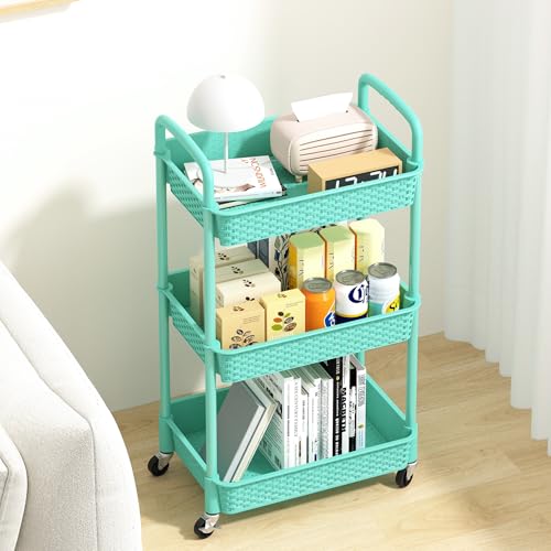 MOYIPIN 3-Tier Plastic Rolling Utility Cart with Handle,Turquoise | Utility Storage Cart for Office, Living Room, Kitchen,Movable Storage Organizer，Easy installation，Rattan-like art design - color: Turquoise, size: 3-Tiers without cups