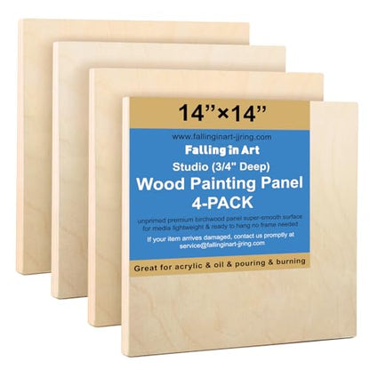 4 Pack 14x14’’ Unfinished Birch Wood Panels Kit for Painting | Studio 3/4’’ Deep Wooden Canvas, Cradle Boards for Acrylic Pouring, Art, Crafts, Epoxy Resin, Laser Engraving Cutting - size: 14'' x 14'' Studio