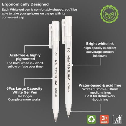HNIHUY White Gel Pens,1mm, 0.8mm Fine Point White Pens Set, 6 Pack | Opaque White Archival Ink Pen for Black Paper Drawing, Sketching, Illustration, Bullet Journaling - color: White