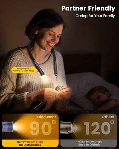 Glocusent Neck Light with Timer, 100 Hours Book Light for Bedtime Reading | Neck Reading Light, 3-Color, 5 Brightness, Bendable, Ergonomic, 1600mAh, Rechargeable, Eye Care, Sleep Aid, Travel Lock, Gift - color: Navy Blue