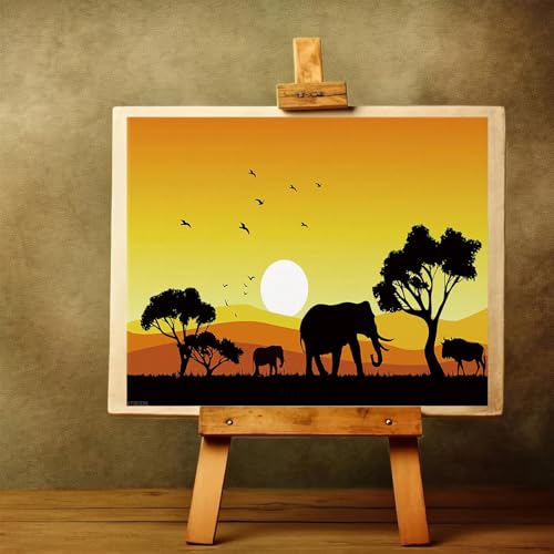XTXGERL Paint By Number for Adults Beginner, African Sunset Landscape Wildlife Animal Elephant Paint By Numbers Kits on Canvas, Frameless DIY Oil Painting for Home Wall Decor 16x20 inch