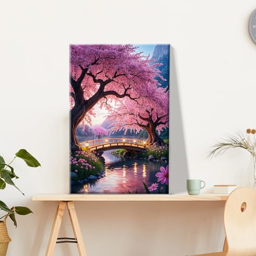 JOOZ Paint by Numbers Kit for Adults with Frame Sakura Paint by Number with Easel Tree Adult Paint by Number Kits Framed Canvas Mountain Waterfall Oil Painting Kits for Gift Home Wall Decor 8x12 Inch - color: Landscape 055