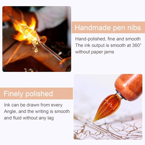 Wooden Handmade Glass Dip Pen Glass Calligraphy Pen for Writing Painting Signing Calligraphy