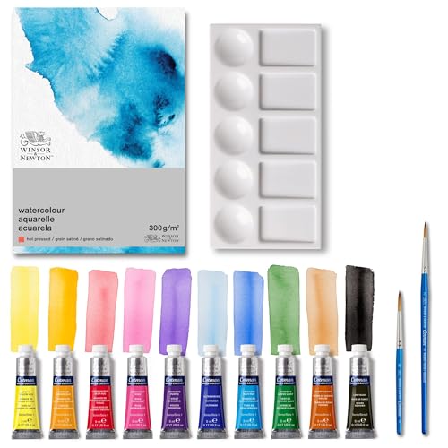 Winsor & Newton Cotman Watercolour Paint, Set of 10 x 5ml Tubes (includes 2 Brushes, Pad, Palette)