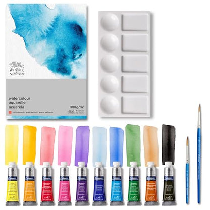Winsor & Newton Cotman Watercolour Paint, Set of 10 x 5ml Tubes (includes 2 Brushes, Pad, Palette)