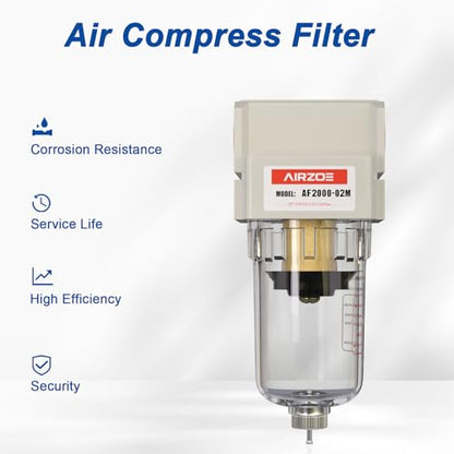 AIRZOE 1/4" NPT Air Dryer for Compressor - Air Compressor Water Separator AF2000-02, Manual Drain,5 Micron Brass Element, Poly Bowl - size: 1/4" NPT