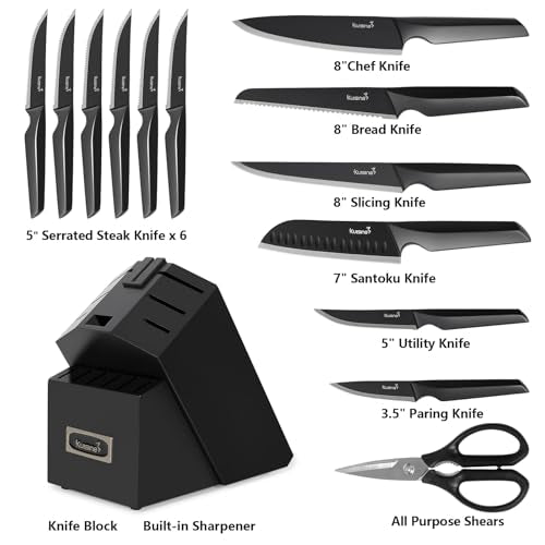 KUISINE Knife Set, 15-Piece High Carbon Stainless Steel Knife Block Set | Razor-Sharp, Dishwasher Safe, Rust-Resistant, Ergonomic Handles Kitchen Knife Set with Sharpener Black EX - color: EX Black, size: 15 pieces