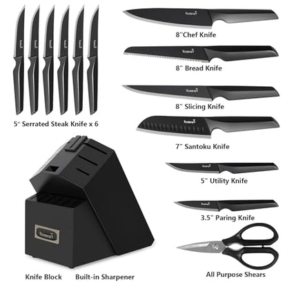 KUISINE Knife Set, 15-Piece High Carbon Stainless Steel Knife Block Set | Razor-Sharp, Dishwasher Safe, Rust-Resistant, Ergonomic Handles Kitchen Knife Set with Sharpener Black EX - color: EX Black, size: 15 pieces