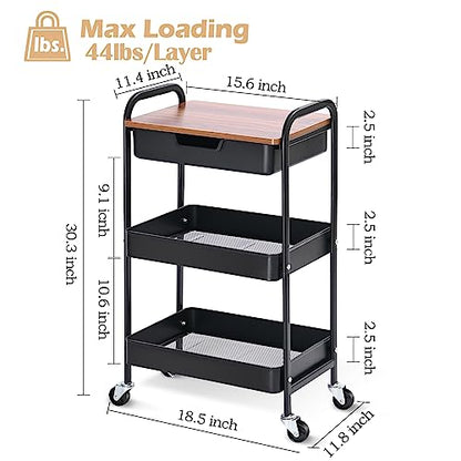 TOOLF 3-Tier Utility Rolling Cart with Wooden Board and Drawer, Metal Storage Cart with Handle, Black Trolley Kitchen Organizer Rolling Desk with Locking Wheels for Office, Classroom, Home, Bedroom - color: Black