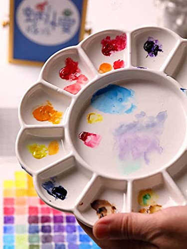 Set of 2 Ceramic Artist Paint Pallet,Tray,Palette,Easy to Clean Porcelain Mixing Tray for Watercolor Gouache Painting,White, 8 inch,Round, (LS007)