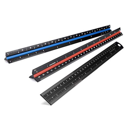 OwnMy 3 Pack 12 Inch Solid Aluminum Triangular Architect Scale Ruler Set | 3-Colors-Groove Architectural and Engineer Scale Metal Ruler Set, Clear Scales Drafting Rulers for Engineer Blueprint Project - style: Imperial Scale