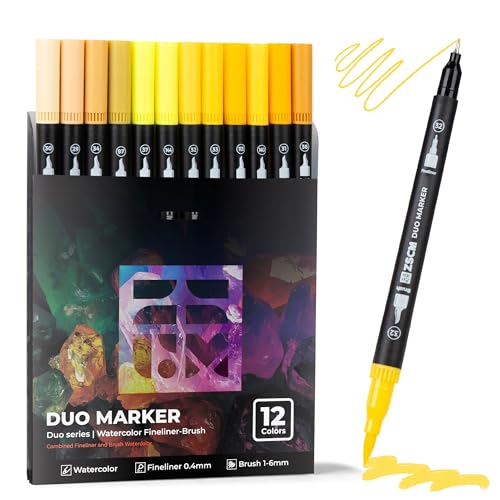 ZSCM QUALITY DECIDES THE FUTURE Yellow Duo Tip Marker Pens, 12 Fine & Brush Tip Pen For Adult Coloring Books - color: 12 Yellow