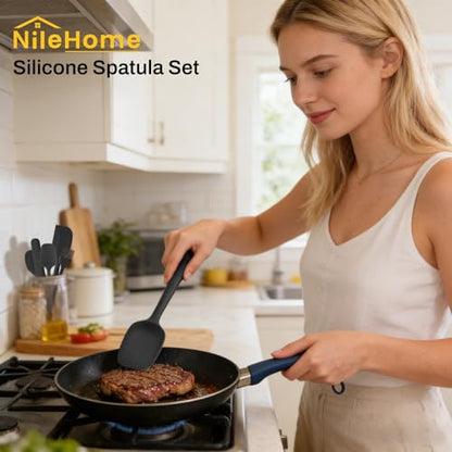 NileHome 6 Pieces Silicone Spatula Set with Silicone Brush,Mixing-Black - color: Black