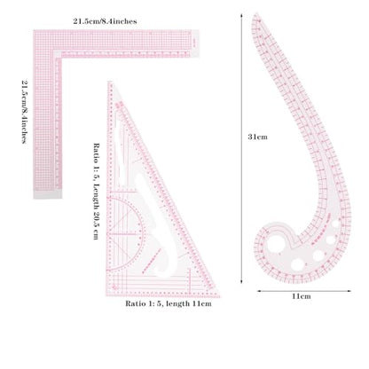 Acrylic Sewing Ruler Set，French Curve Pattern Rulers Kit for Tailors Designers Precision Pattern Making Guides Quilting and DIY Supplies (Ruler Set 1-3Pcs) - color: Pink Ruler Set 1-3Pcs