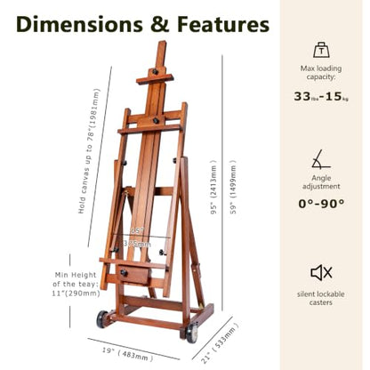 DJAR Large H-Frame Painting Easel for Adults, Solid Beech Wood, Walnut | Movable & Tilting Flat Floor Stand, Holds Canvases up to 78", Adjustable Heavy Duty Studio Art Easel for Artists - style: Walnut H-Frame Easel
