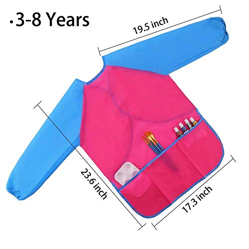 Zkptops 2 Pack Kids Art Smock Colorful Waterproof Children Art Aprons Artist Painting Aprons with Long Sleeve 3 Roomy Pockets for Age 3-7 Years Blue and Pink - color: 2 Pack Blue/Pink